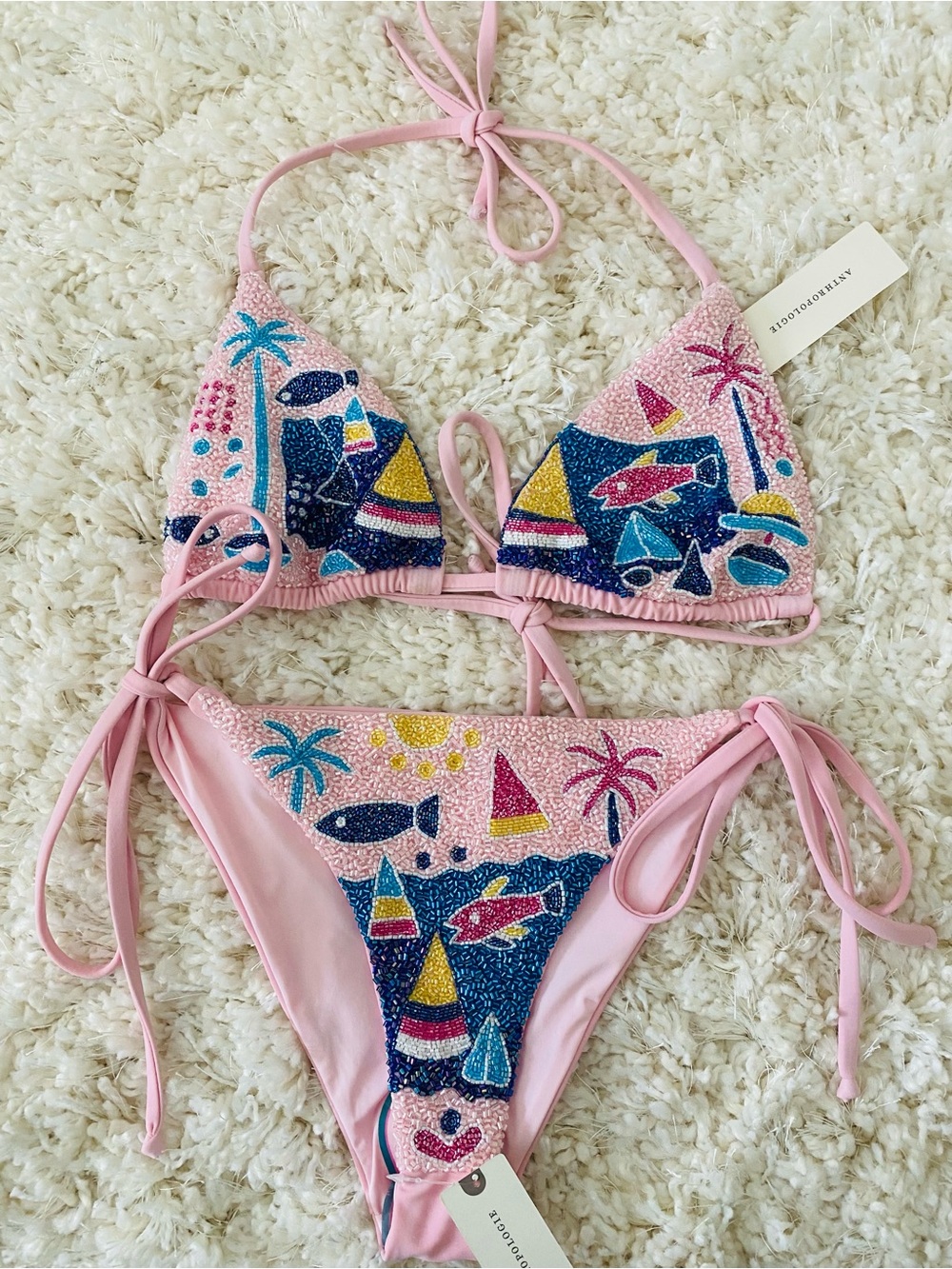 Oceanus Pink Beaded Lume Swell Bikini Set